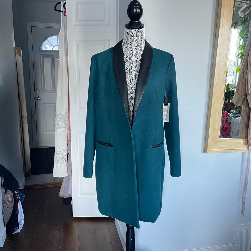 NWT BB Dakota Teal Coat Blazer Jacket With Real Leather Trim. Large. - Picture 8 of 10